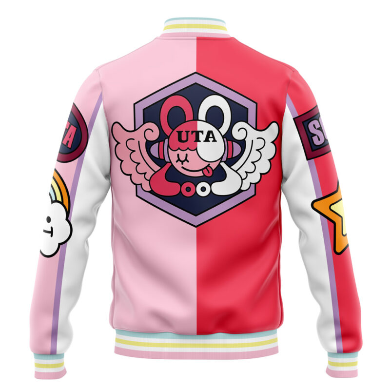 The Uta One Piece Varsity Jacket features a split red and pink back with a winged cartoon bunny and UTA logo, white sleeves adorned with rainbow, cloud, and star patches, plus pastel blue, pink, and yellow trim.