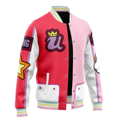 The Uta One Piece Varsity Jacket features red, pink, and white panels with cartoon patches—a crowned U, yellow star, and cloud. Pastel rainbow stripes accent the hem, collar, and cuffs for a colorful, standout look.