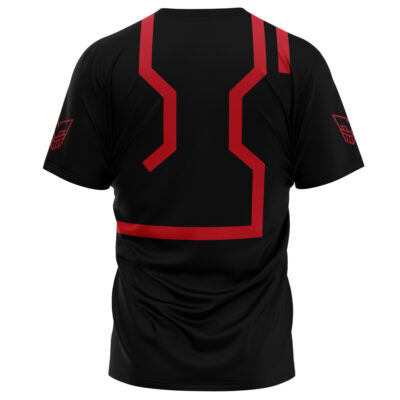 The Yusei Fudo Yugioh T-Shirt is a black tee featuring bold red geometric lines forming a stylized pattern on the back, with red graphic symbols on both sleeves. Displayed against a plain white background.
