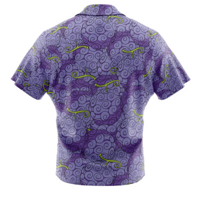 The Gomu Gomu No Mi Luffy Devil Fruit One Piece Button Up Hawaiian Shirt features short sleeves, a purple background, swirling line designs, and small green lizards scattered across the fabric.