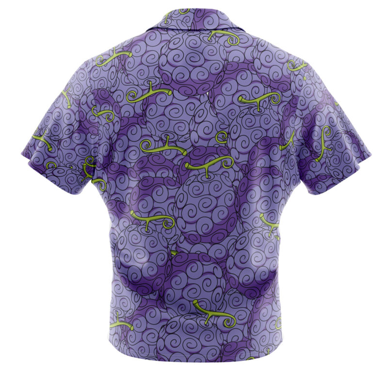 The Gomu Gomu No Mi Luffy Devil Fruit One Piece Button Up Hawaiian Shirt features short sleeves, a purple background, swirling line designs, and small green lizards scattered across the fabric.