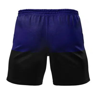 The Capsule Corp Dragon Ball Z Gym Shorts feature an elastic waistband and a color block design with dark blue on the upper half and black on the lower half, shown from the back.