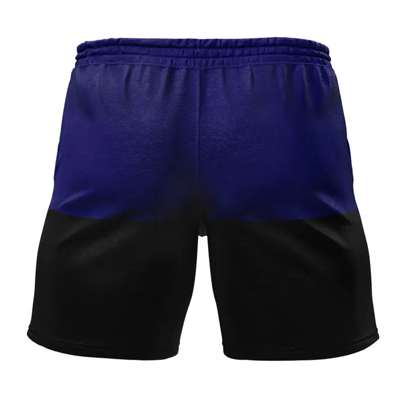 The Capsule Corp Dragon Ball Z Gym Shorts feature an elastic waistband and a color block design with dark blue on the upper half and black on the lower half, shown from the back.