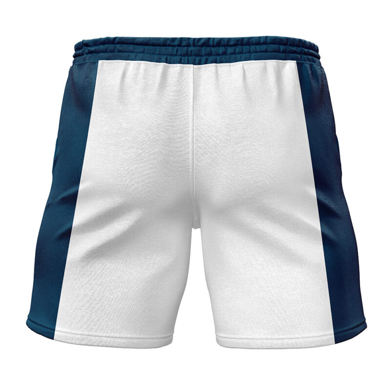 Back view of Chairman Netero Hunter x Hunter Gym Shorts, featuring a white center panel, dark blue side panels, elastic waistband, and a simple sporty design.