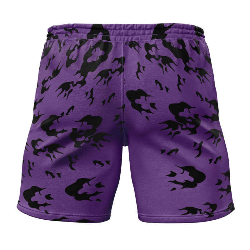 Curse Mark v2 Shippuden Gym Shorts in purple, featuring a bold black camouflage pattern and an elastic waistband. Shown from the back.