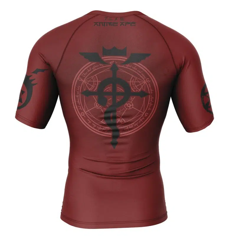 The Edward Elric v2 Fullmetal Alchemist Short Sleeve Rash Guard Compression Shirt is maroon with a large black transmutation circle and symbol on the back, alchemy designs on the sleeves, and the brand name near the collar.