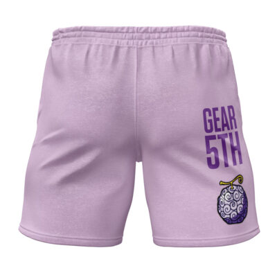 Light purple Gear 5th Luffy One Piece gym shorts featuring bold purple GEAR 5TH lettering on the right side, with a stylized purple and white swirled fruit illustration and a gold stem below the text.