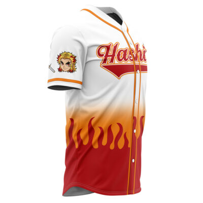 The Hashira Kyojuro Rengoku Demon Slayer Baseball Jersey features "Hashira" in red and yellow script on the chest, a character patch on the sleeve, and a red-orange flame pattern rising from the bottom hem.