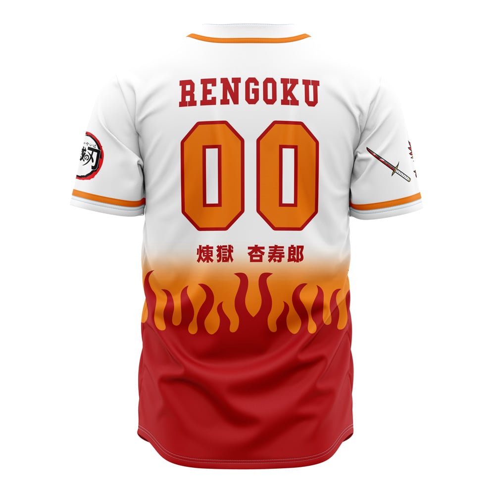 Back view of the Hashira Kyojuro Rengoku Demon Slayer Baseball Jersey in white and red, featuring "RENGOKU 00" in bold red, flame designs at the hem, plus sword and kanji graphics on the sleeves and lower back.