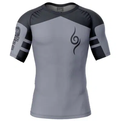 The Kakashi Anbu Shippuden Short Sleeve Rash Guard Compression Shirt features a gray design with black shoulder accents, tribal-style graphics on the chest and sleeve, and two bold black stripes on each arm.