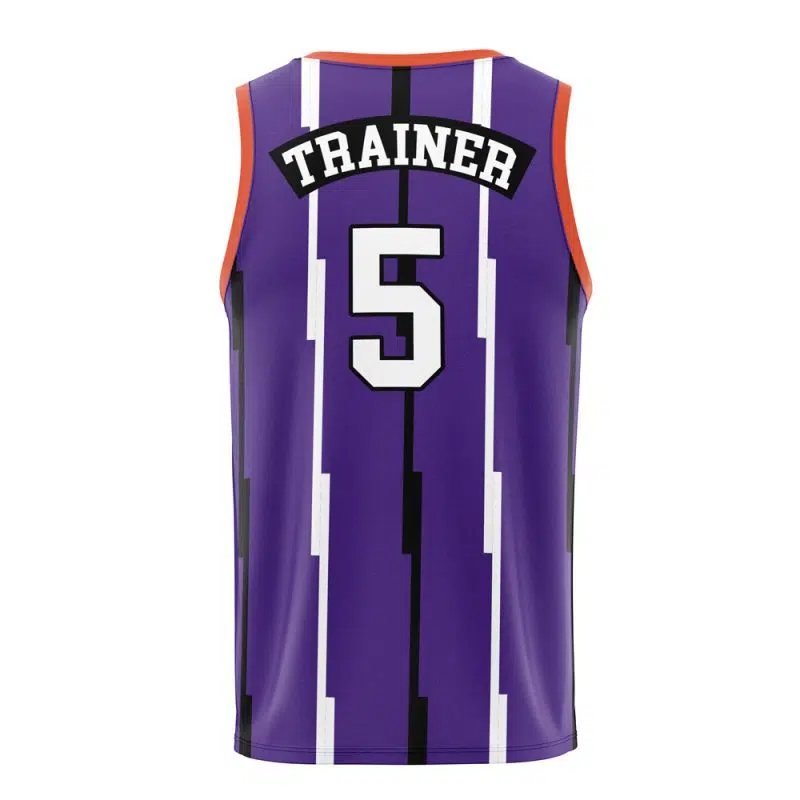 The back of the Kanto Embers Charmeleon Pokemon Basketball Jersey is purple with orange trim, black and white vertical stripes, TRAINER in white at the top, and a large white number 5 below.