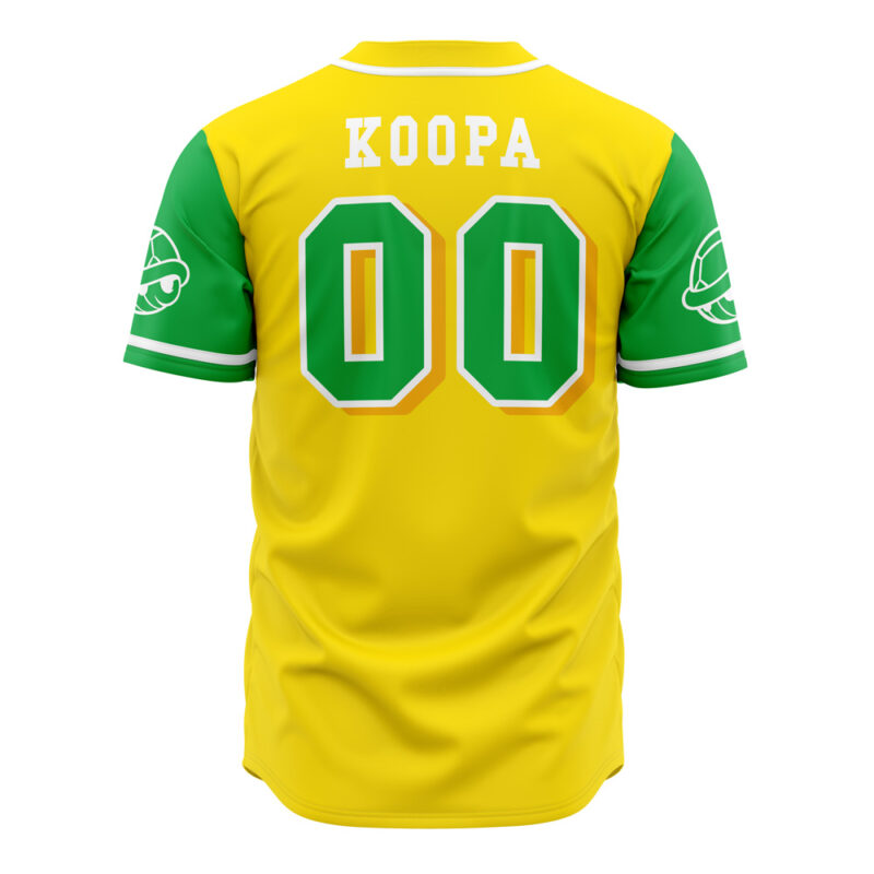 The Koopa Troopas Mario Bros Baseball Jersey features yellow and green colors, KOOPA and the number 00 on the back, plus turtle shell graphics on both sleeves.