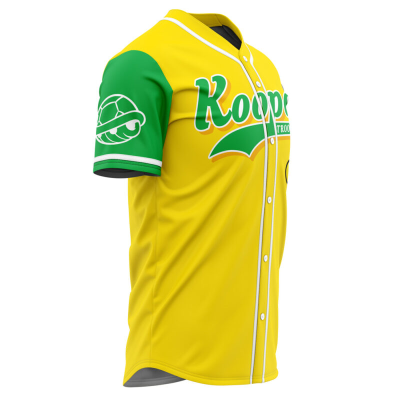The Koopa Troopas Mario Bros Baseball Jersey is yellow with green sleeves, white buttons and trim. "Koopa" appears in green and white on the front, plus a turtle shell graphic on the left sleeve.