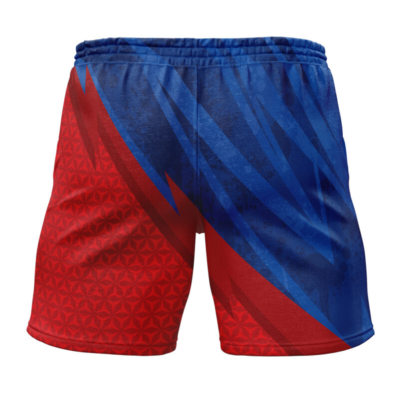 Mario Mario Bros Gym Shorts featuring a bold geometric design with red on the left and blue on the right, divided by jagged diagonal lines. The red side displays a subtle hexagonal pattern.