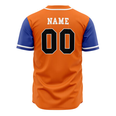 A Personalized Goku Kame Kai Dragon Ball Z Baseball Jersey in orange with blue sleeves, white cuff stripes, and custom NAME and 00 in white and black on the back. The back of the jersey is shown on a white background.