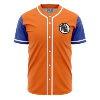 An orange Personalized Goku Kame Kai Dragon Ball Z Baseball Jersey featuring blue sleeves, white buttons and trim, and a black and white circular chest emblem with a Japanese kanji character.