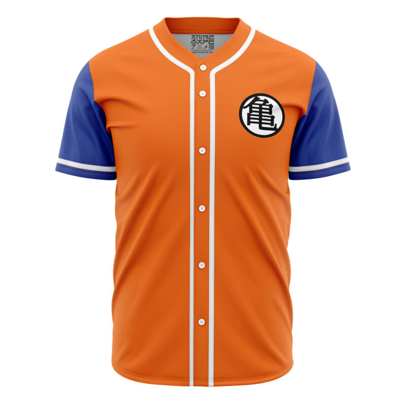 An orange Personalized Goku Kame Kai Dragon Ball Z Baseball Jersey featuring blue sleeves, white buttons and trim, and a black and white circular chest emblem with a Japanese kanji character.