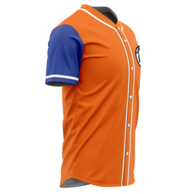 A Personalized Goku Kame Kai Dragon Ball Z Baseball Jersey with an orange body, blue right sleeve with white trim, white buttons, and a small black and white chest logo, displayed on a mannequin from a side angle.