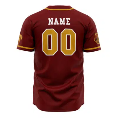 A Personalized Gryffindor House Harry Potter Baseball Jersey in maroon, shown from the back with NAME in white and 00 in large gold numbers. Yellow sleeve stripes and a crest on the right sleeve complete the look.