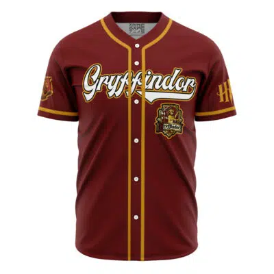The Personalized Gryffindor House Harry Potter Baseball Jersey is maroon with yellow trim, Gryffindor across the chest, the Gryffindor crest on the left side, and gold HH initials on the right sleeve.