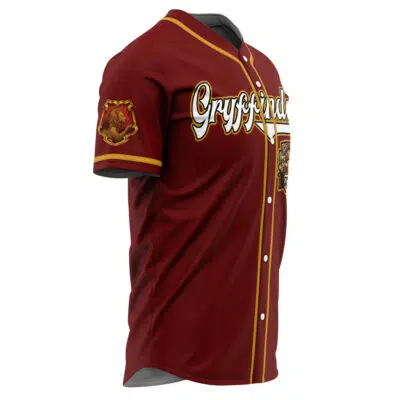 The Personalized Gryffindor House Harry Potter Baseball Jersey is maroon with Gryffindor in gold and white across the chest, gold accents on the sleeves and collar, and a lion crest patch on the sleeve.