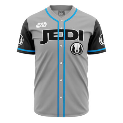 The Personalized Jedi Skywalker Star Wars Baseball Jersey features a gray body, black sleeves, blue trim, buttons, bold black “JEDI” on the front, and Star Wars plus Jedi Order logos on the chest and sleeves.