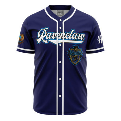 The Personalized Ravenclaw House Harry Potter Baseball Jersey is navy blue, features “Ravenclaw” in white and light blue script on the chest, the Ravenclaw crest, and additional patches on the sleeve and chest.