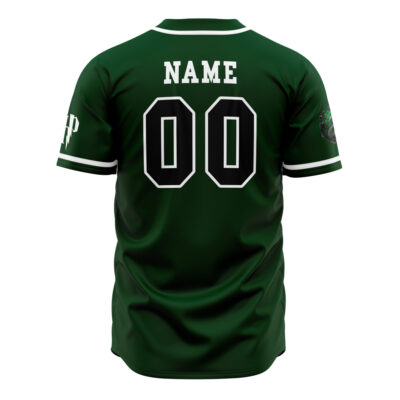 A Personalized Slytherin House Harry Potter Baseball Jersey in dark green with white trim, featuring NAME and 00 in white on the back and a serpent crest on the sleeve.