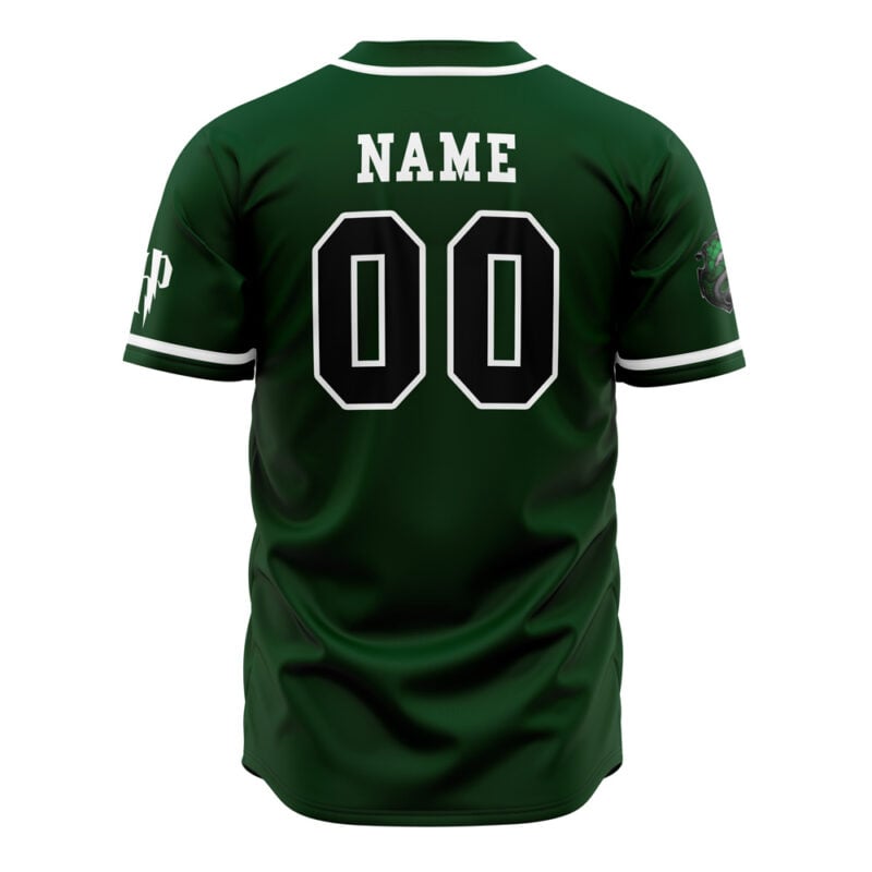 A Personalized Slytherin House Harry Potter Baseball Jersey in dark green with white trim, featuring NAME and 00 in white on the back and a serpent crest on the sleeve.