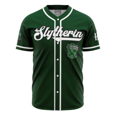 The Personalized Slytherin House Harry Potter Baseball Jersey is a green baseball-style top with white trim, bold Slytherin script on the chest, a Slytherin crest patch, and snake graphics on the sleeves.