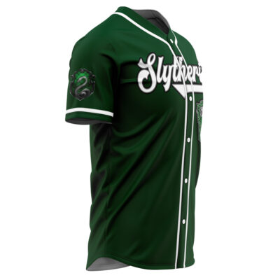The Personalized Slytherin House Harry Potter Baseball Jersey is a green, baseball-style top with white trim, Slytherin in white script on the chest, and a snake patch on the sleeve, inspired by the Harry Potter series.
