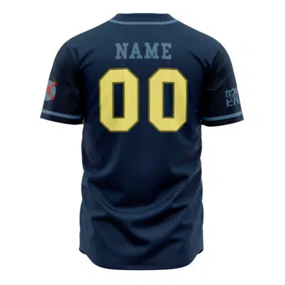 A navy blue Personalized Space Cowboys Cowboy Bebop Baseball Jersey viewed from the back with NAME in gray above yellow 00s, light blue sleeve stripes, and small red and white graphics.