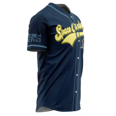 The Personalized Space Cowboys Cowboy Bebop Baseball Jersey is navy blue with light blue trim, "Space Cowboy" in yellow script on the front, a colorful chest patch, white Japanese text on the right sleeve, and displayed on a plain background.