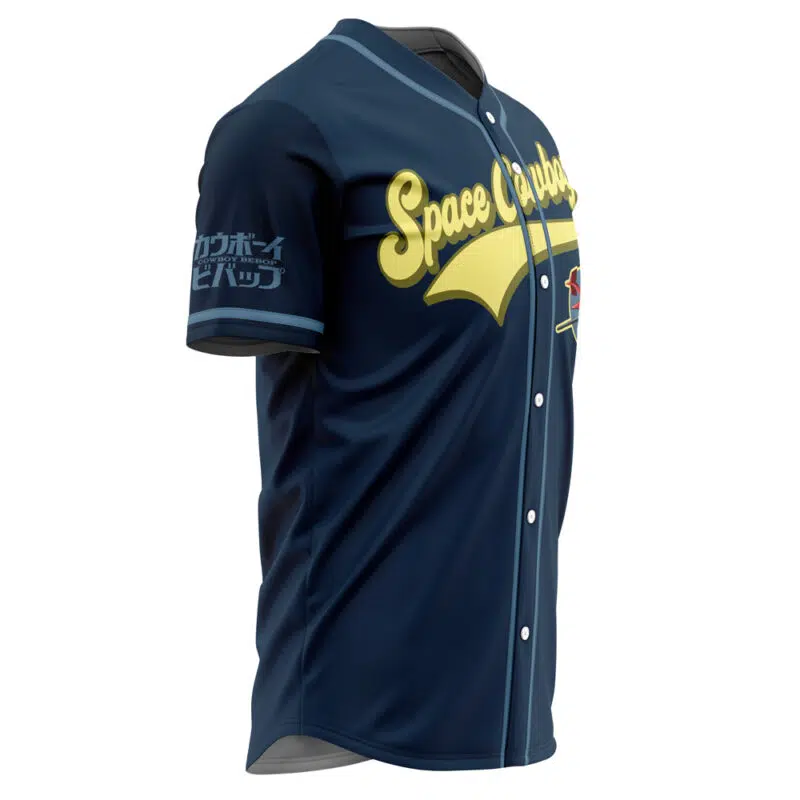 The Personalized Space Cowboys Cowboy Bebop Baseball Jersey is navy blue with light blue trim, "Space Cowboy" in yellow script on the front, a colorful chest patch, white Japanese text on the right sleeve, and displayed on a plain background.