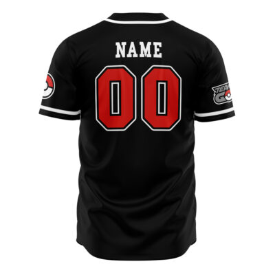 The Personalized Team Rocket Grunt Black Pokemon Baseball Jersey features white stripes on the sleeves and collar, NAME and 00 in bold white/red on the back, plus Pokémon-themed patches on each sleeve.