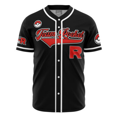 The Personalized Team Rocket Grunt Black Pokemon Baseball Jersey features red and white Team Rocket script, a bold red R on the front, Poké Ball symbols on the chest and sleeves, plus white stripes on the collar and sleeves.