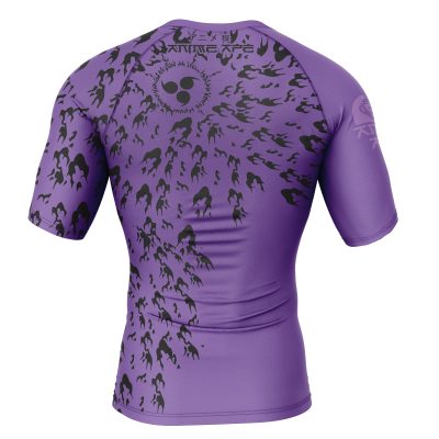 The Curse Mark Shippuden Short Sleeve Rash Guard Compression Shirt features a purple base with black raven-like silhouettes flying across the back and shoulders, plus a central skull within a sun design on the upper back.