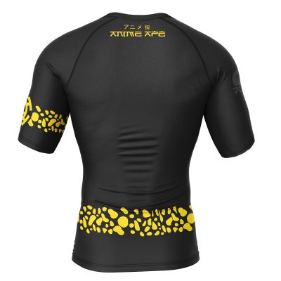 The Trafalgar Punk Hazard One Piece short sleeve rash guard features black fabric with yellow abstract patterns on the lower back and sleeve, plus yellow Japanese and English "ANIME SIDE" text on the upper back.