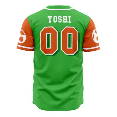 The Yoshi Squad Mario Bros Baseball Jersey is green with orange sleeves, white trim on the collar and sleeves, and white dinosaur egg patterns. "Yoshi" and the number 00 are displayed on the back.