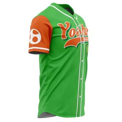 The Yoshi Squad Mario Bros Baseball Jersey features "Yoshi" across the green chest, an orange right sleeve with a white egg symbol, white buttons, and trim for a standout look.