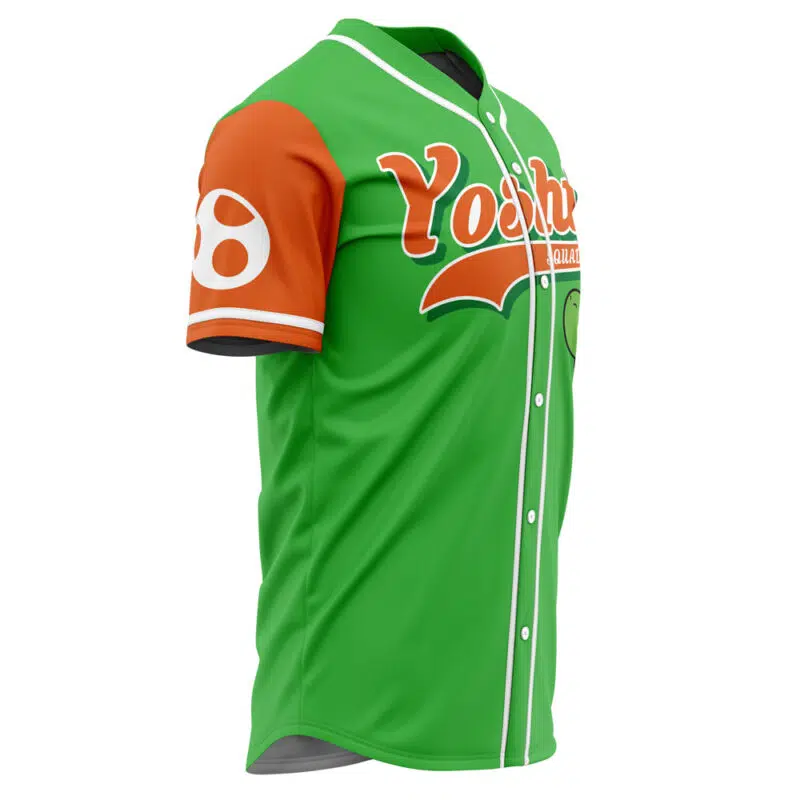 The Yoshi Squad Mario Bros Baseball Jersey features "Yoshi" across the green chest, an orange right sleeve with a white egg symbol, white buttons, and trim for a standout look.