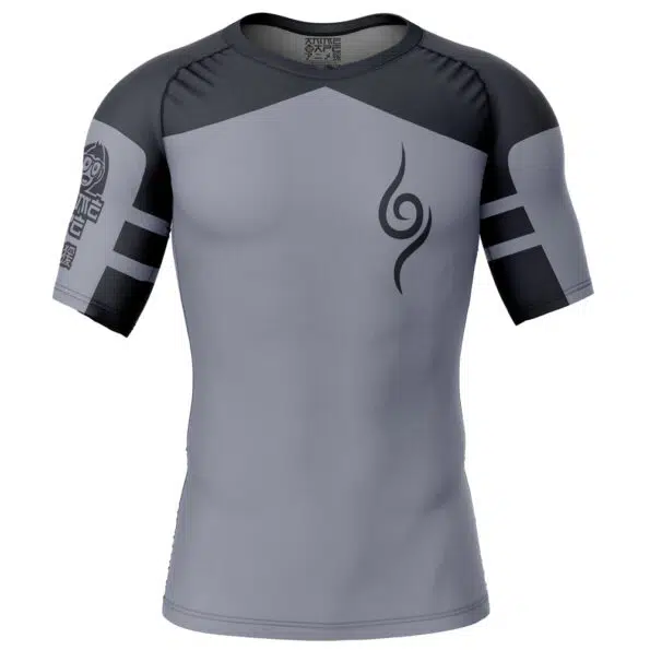 The Kakashi Anbu Shippuden Short Sleeve Rash Guard Compression Shirt features a gray design with black shoulder accents, tribal-style graphics on the chest and sleeve, and two bold black stripes on each arm.