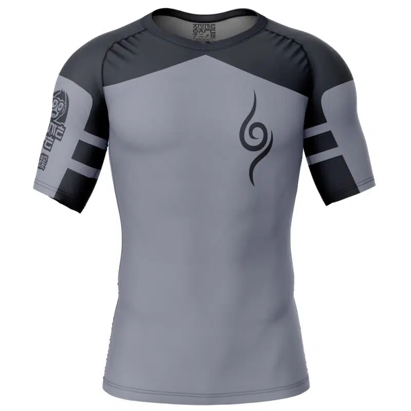 The Kakashi Anbu Shippuden Short Sleeve Rash Guard Compression Shirt features a gray design with black shoulder accents, tribal-style graphics on the chest and sleeve, and two bold black stripes on each arm.