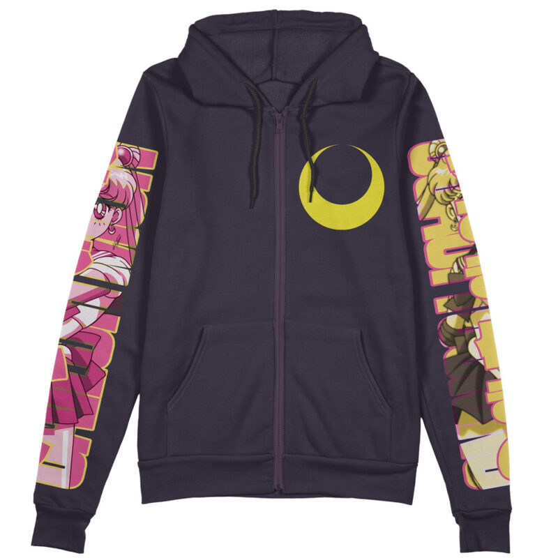 The Usagi Tsukino Sailor Moon Streetwear Zip Hoodie Jacket is a dark zip-up featuring a large yellow crescent moon on the chest, with both sleeves decorated in colorful anime-style characters and bold pink and yellow text designs.