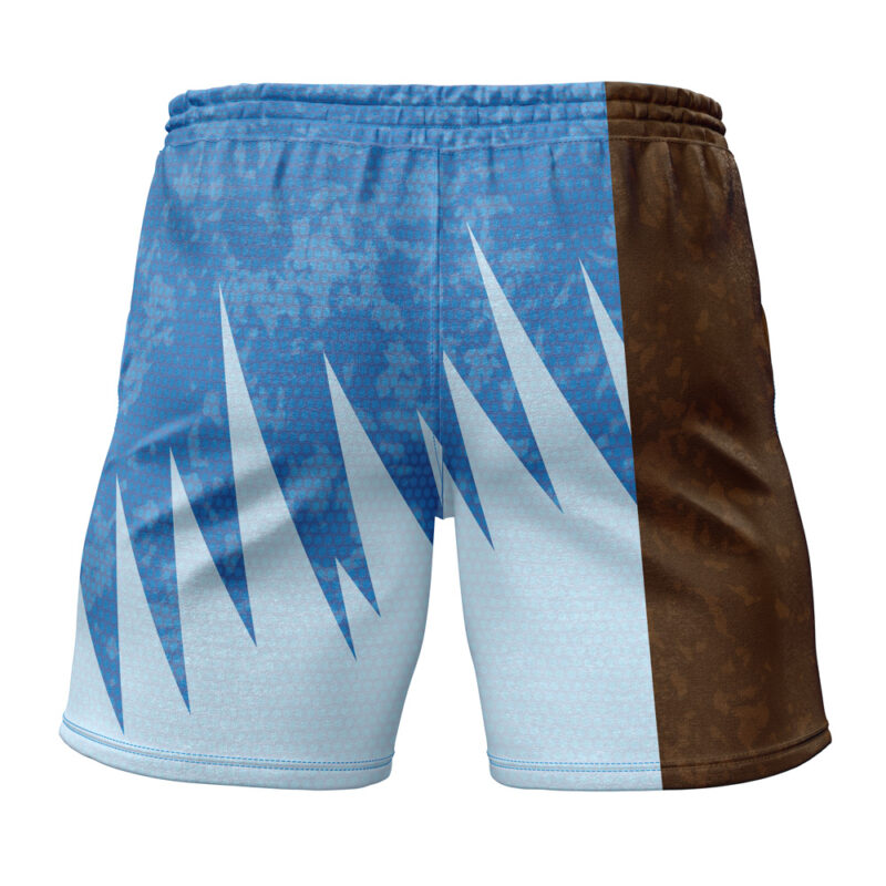 Blastoise Classic Pokemon Gym Shorts feature a blue and brown color block design with jagged light and dark blue zigzag patterns on one side and a solid brown panel on the other.