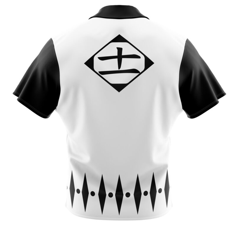 The Zaraki Kenpachi Bleach Button Up Hawaiian Shirt features a white body with black short sleeves, a bold kanji symbol inside a diamond on the back, and a row of black diamond patterns along the lower edge.