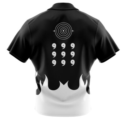 The Sage Of The Six Paths Shippuden Button Up Hawaiian Shirt features a black and white design, flame patterns at the bottom, nine comma shapes in three rows, and a circular target symbol centered at the upper back.