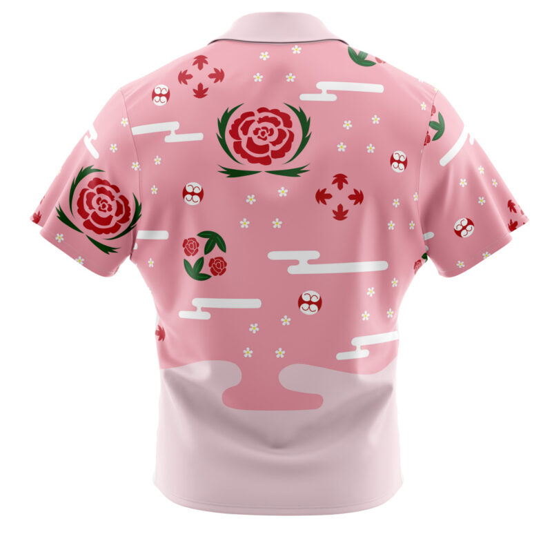 The Shunsui Kyoraku Bleach Button Up Hawaiian Shirt is a pink short-sleeve shirt decorated with red roses, green leaves, white cloud patterns, small white flowers, red and white mushrooms, and red maple leaves on the back.