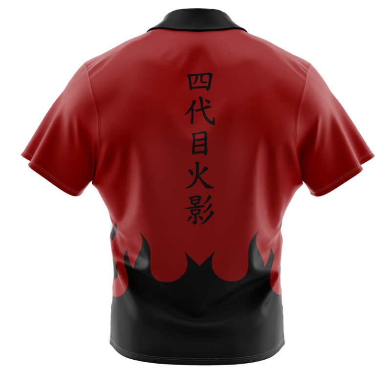 The Sage Mode Shippuden Button Up Hawaiian Shirt features red and black colors, flame patterns at the bottom, vertical Japanese kanji on the back, short sleeves, and a collar.