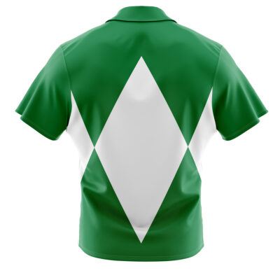 The Green Ranger Mighty Morphin Power Rangers Button Up Hawaiian Shirt features a bold white diamond centered on the back, with white triangles on either side, all set on a green short-sleeve design.